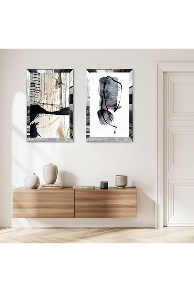 Zevahir Mobilya Dekorasyon SET DE TABLĂ MDF DUALĂ CU CADRU DE PLEXY CU OZAR SILVER, FOND ALB, FORME NEGRE ABSTRACTE