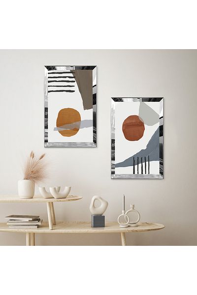 Zevahir Mobilya Dekorasyon SET DE MASA MDF DUAL CU CADRU DE PLEXY CU OGLINDA SILVER, FOND ALB, MODEL DE PĂLĂRIE ABSTRACT MODERN