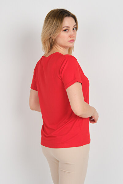 Sistas Women's Short Sleeve Ornamental Pocket Detailed Double Sleeve Blouse 4110 Red