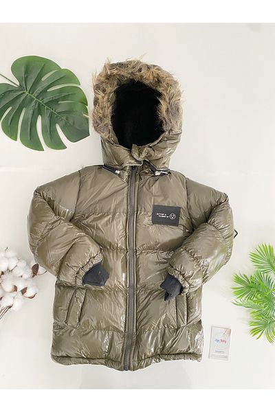 Jaju Baby Unisex Green Color Front Embroidered Fleece Hooded Inflatable Jacket