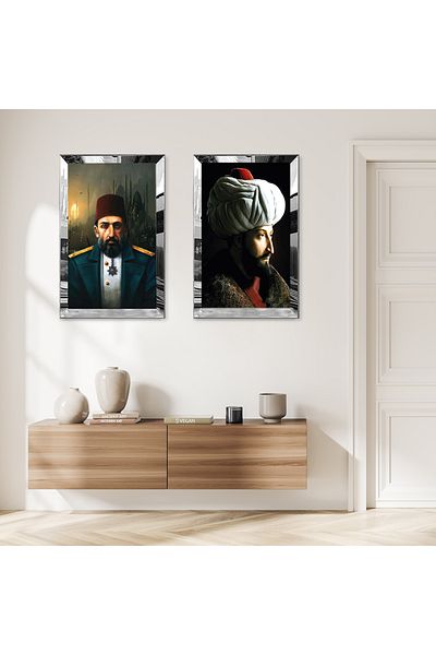 Zevahir Mobilya Dekorasyon SET DE TABLĂ MDF DUAL FATİH SULTAN MEHMET ȘI PADİŞAH ABDÜLHAMİD CU CADRU DE PLEXY CU Oglindă de argint
