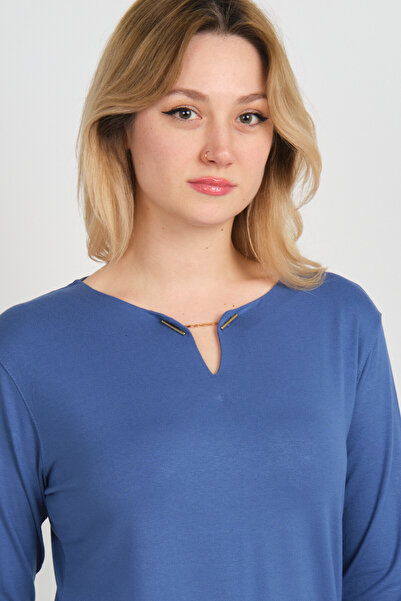 Sistas Bluză de damă cu lanț cu cataramă cu fante laterală cu mânecă lungă 24014 Indigo