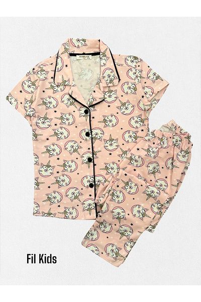 seamlife Girl's 100% Cotton Unicorn Patterned Pink Shirt Collar Buttoned Short Sleeve Seasonal Pajama Set