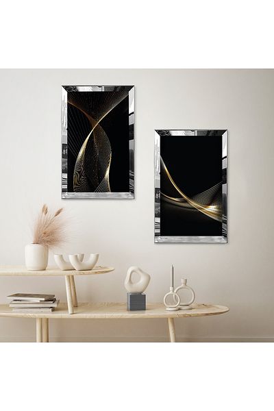 Zevahir Mobilya Dekorasyon SET DE TABLĂ MDF DUALĂ DE DESIGN ABSTRACT LINIAR AUR CU CADRU DE PLEXY CU OZNĂ DE ARGINT