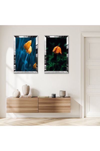 Zevahir Mobilya Dekorasyon FLORI ABSTRACTE PORTOCALE CU CADRU DE PLEXY CU Oglindă SET DE TABLĂ MDF DUAL