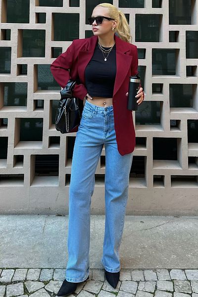 VAGGON Women's Mix Blazer Jacket Crop T-Shirt Bag and 5 Pockets Jean Pants Suit Feel the Vibe V00030 V00030
