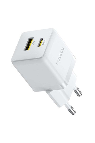 Baseus 2-Port Socket Charger, Type-C Cable Included, 2in1, USB, USB-C, 20W, 5V/3.0A, 1m, Palm 8213, White