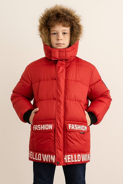 Jaju Baby Boy's Red Color Text Detailed Fleece Hooded Inflatable Jacket