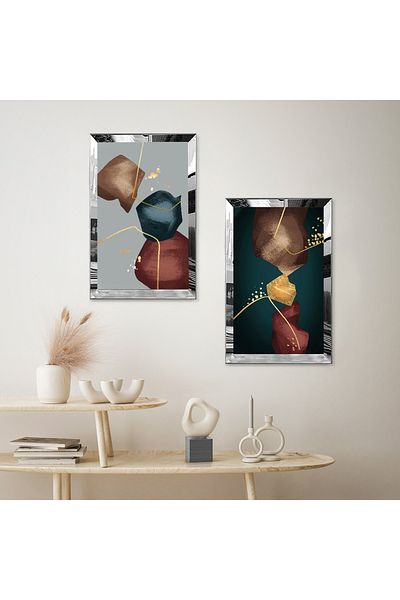 Zevahir Mobilya Dekorasyon SET DE TABLĂ MDF DUALĂ DE FORME ABSTRACTE DECORATIVE DE INTERIOR CU CADRU DE PLEXY CU OGLINDĂ DE ARGINT