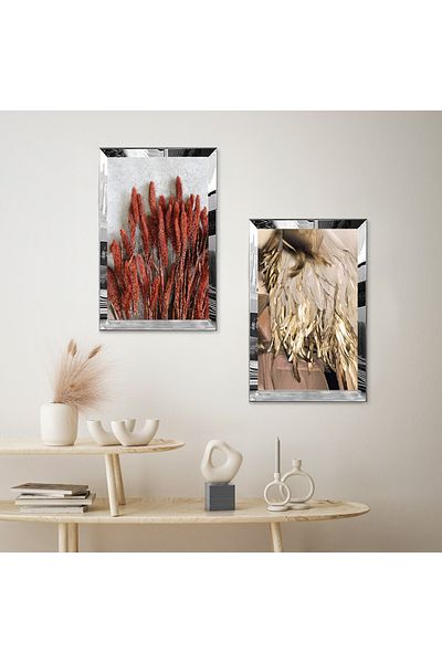 Zevahir Mobilya Dekorasyon SET DE MASA DECORATIVĂ MDF DUALĂ CU FON ALB CU CADRU DE PLEXY CU OGLINDĂ DE ARGINT