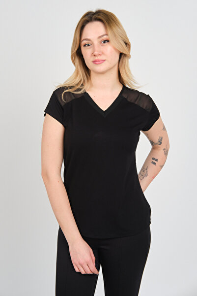 Sistas Women's V-Neck Shoulder and Back Tulle Detailed Short Sleeve Blouse 4148 Black