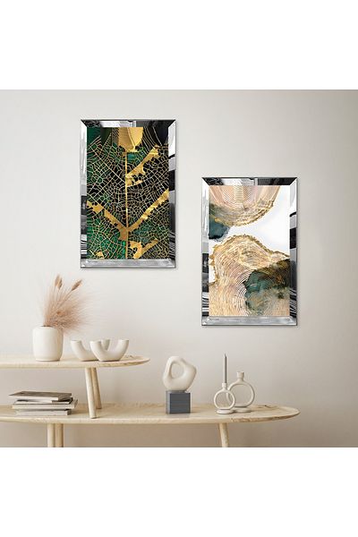 Zevahir Mobilya Dekorasyon SET DE MASA MODERN BILATERAL MDF CU MODELE VERDE CU CADRU DE PLEXY CU OGLINDA SILVER FOND ALB