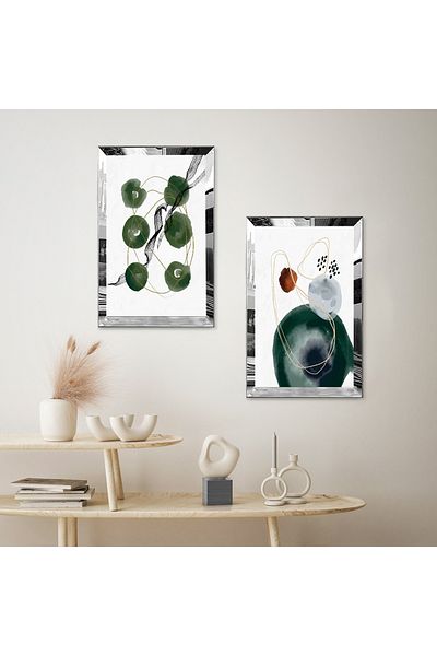 Zevahir Mobilya Dekorasyon SET DE MASA MODERN BILATERAL MDF CU CADRU DE PLEXY CU OGLINDA SILVER, FOND ALB, FORME VERDE DE INTERIOR
