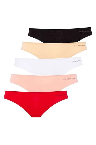 U.S. Polo Assn. Slip elastic cu peri din 5 piese pentru femei (ROȘU-SOMON-PIELE-ALB-NEGRU)