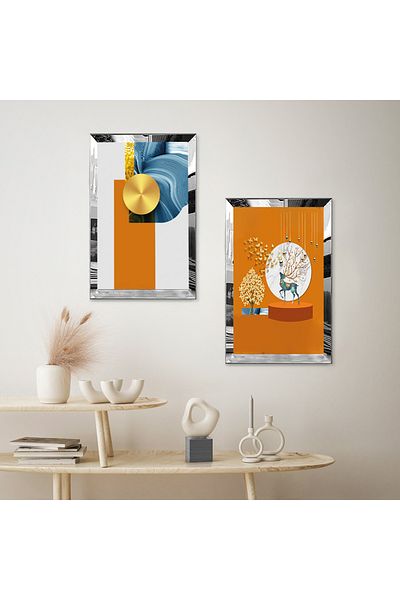 Zevahir Mobilya Dekorasyon Set de picturi decorative duble din MDF cu model abstract alb portocaliu cu rame din plexiglas cu oglindă argintie