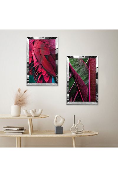 Zevahir Mobilya Dekorasyon SET DE MASA MDF DUBLA CU CADRU DE PLEXY CU OGLINDA SILVER FRUNZE VERDE ROSE