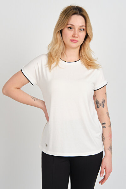 Sistas Women's Knitted Collar and Sleeves Blouse with Crew Neck Accessories 24213 Ecru