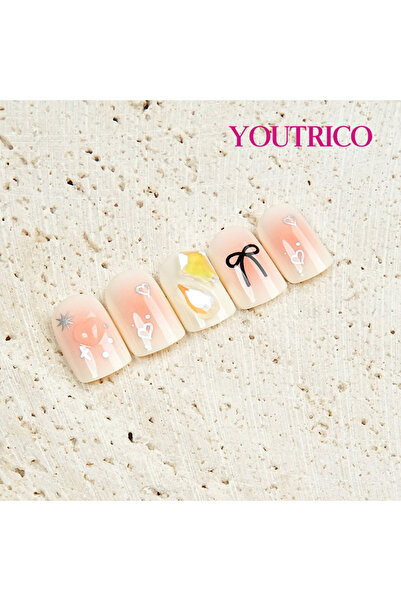 Youtrico ٢٤ ظفرًا لاصقًا، موديل يومي، سلسلة خفيفة، أبيض ووردي، قلب صغير حلو، ...