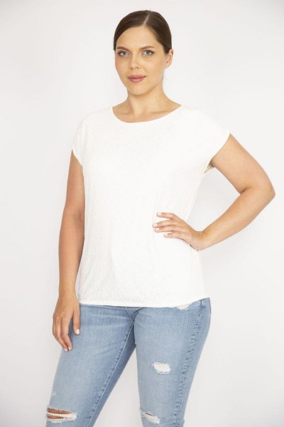 Şans Women's Bone Large Size Lace Front Low Sleeve Blouse 65n36585
