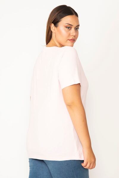 Şans Women's Large Size Pink Cotton Fabric Crew Neck Short Sleeve Blouse 65n29545