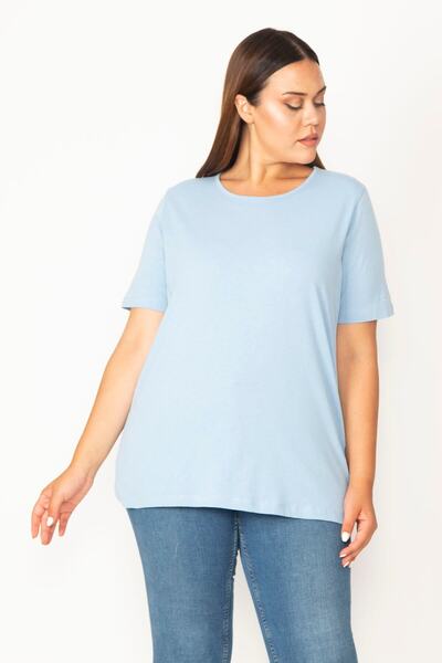 Şans Dámská velká modrá halenka z bavlněné tkaniny s krátkým rukávem a výstřihem 65n29545