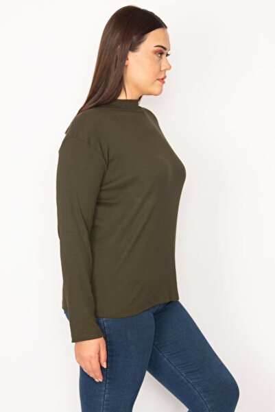 Şans Women's Large Size Khaki High Collar Lycra Blouse 65n30162