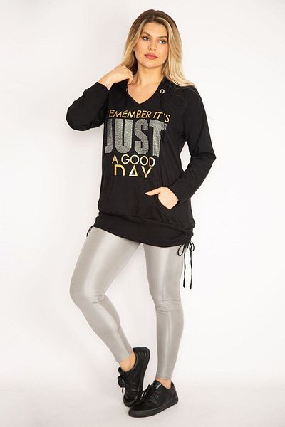 Şans Women's Large Size Black Stone and Lacquer Printed Kangaroo Pocket Hooded Sweatshirt 65n29619