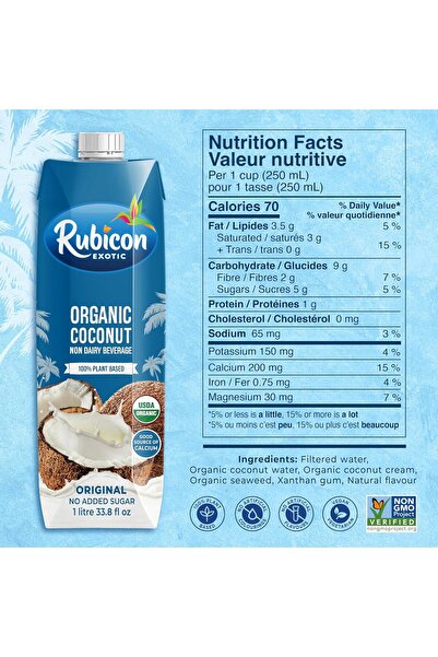 Rubicon Organic Coconut Non-Dairy Milk Beverage | 1L Tetra Pack | 100% Plant Based | Good Source of