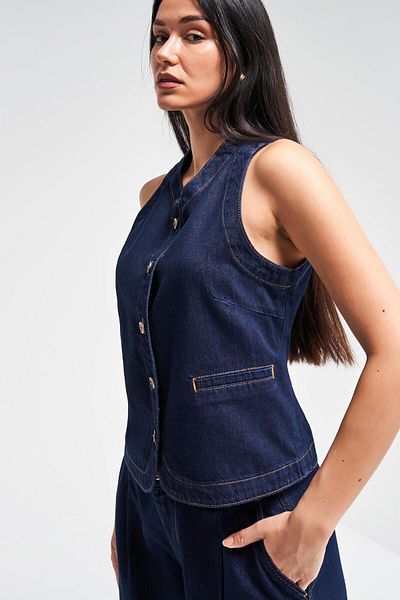 its basic Γυναικείο Indigo Color 7s5-50 Μήκος ζώνης μπροστινό κουμπί 100% βαμβακερό τζιν γιλέκο μηδενικού μανίκι