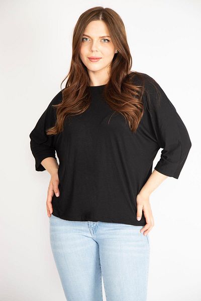 Şans Women's Black Plus Size Crew Neck Capri Sleeve Blouse 65n36315