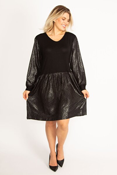 Şans Dámské velké černé viskózové šaty s lakovanou sukní a rukávy 65n29932