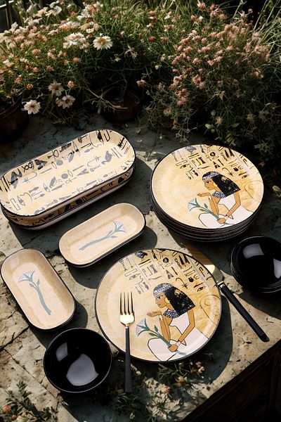 Manaferra Ethnic Breakfast Set 13 Piece Ceramic Digital Printing Breakfast Set for 6 People & Egyptian Figures