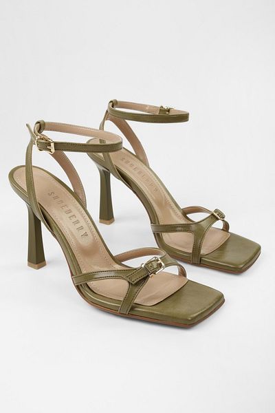 Shoeberry Women's Jolie Oil Green Skin Belt Detailed Heeled Shoes