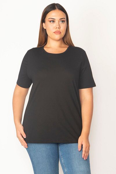 Şans Women's Large Size Black Cotton Fabric Crew Neck Short Sleeve Blouse 65n29545