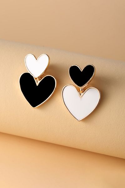 Glaren Black White Enamel Heart Design Gold Color Women Earrings