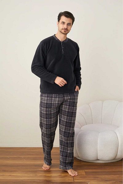Intisimo Men's Winter Pajamas, Pockets, Polar Material, Quality Product, Checkered, Black/Grey - M