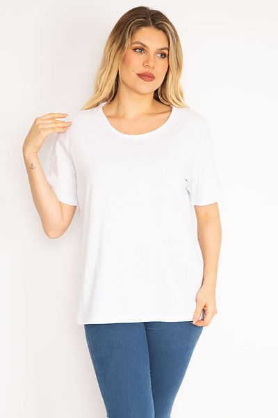 Şans Women's Large Size White Cotton Fabric Crew Neck Blouse 65n28808