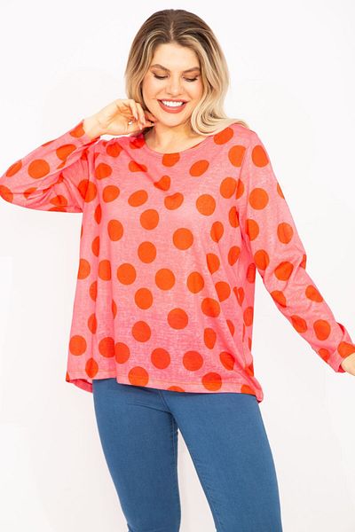 Şans Women's Plus Size Fujya Crew Neck Point Pattern Blouse 65n35351