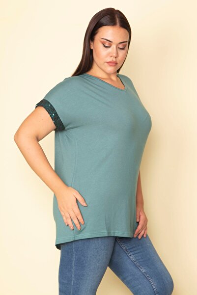 Şans Women's Large Size Green Sleeves Sequin Detailed V-Neck Viscose Blouse 65n28743