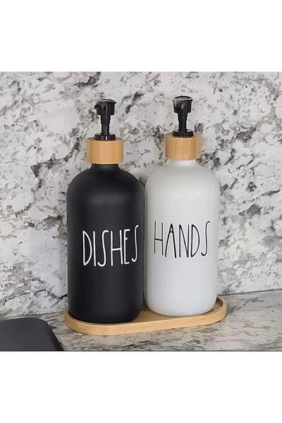 LİNGO HOME 2li Siyah Beyaz Bambu Stantlı Sıvı Sabunluk - 500 ml