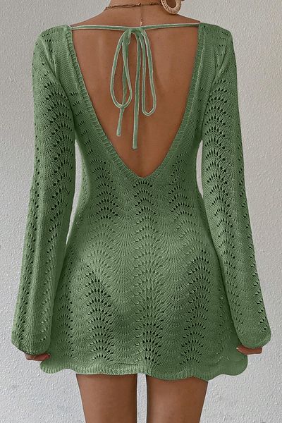 AQE FASHION V-λαιμόκοψη μανίκι καμπάνα χωρίς πλάτη με κορδόνια σε χρώμα μέντας Casual φόρεμα παραλίας