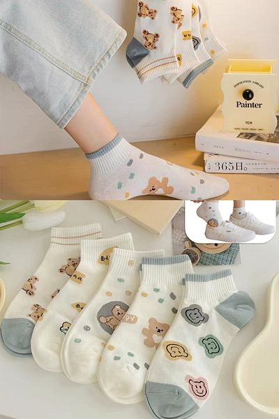 Esinti 5 Pairs Women's Ankle Length Seamless Toe Colorful Cute Smiling Teddy Bear Figured Booties Socks Set 5 Pieces
