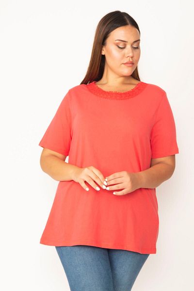 Şans Women's Large Size Pomegranate Cotton Fabric Collar Lace Short Sleeve Blouse 65n29547