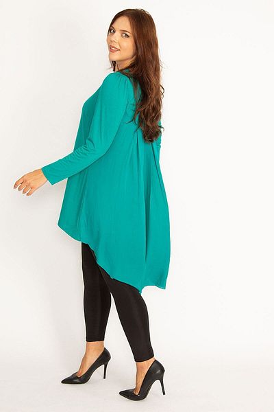 Şans Women's Large Size Green Front Pleat Zippered Back Detailed Viscose Tunic 65n34772