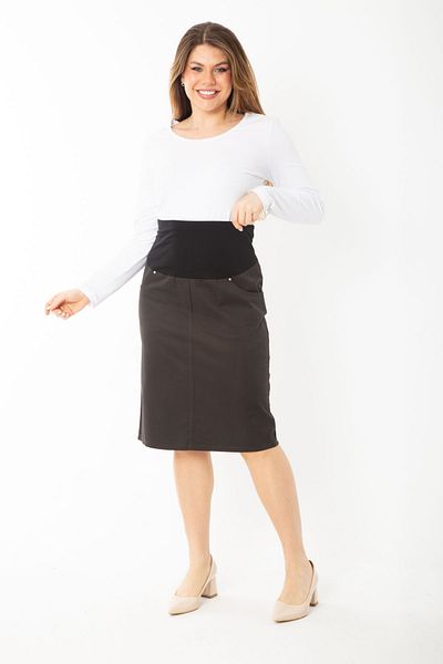 Şans Women's Large Size Brown Waist Combed Fabric Wide Corsage with Belt 4 Pockets Gabardine Skirt 65N37392