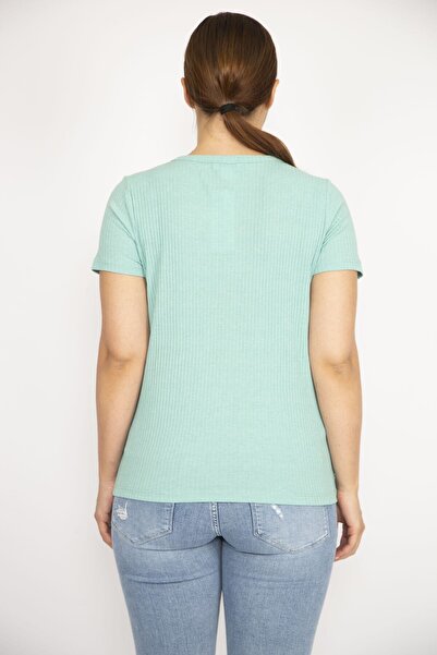 Şans Women's Green V-Neck Front Ornamental Buttoned Camisole Fabric Short Sleeve Blouse 65n36550