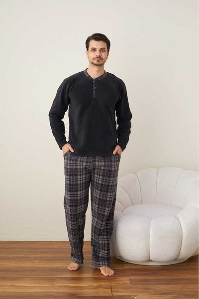 Intisimo Men's Winter Pajamas, Pockets, Polar Material, Quality Product, Checkered, Black/Grey - M