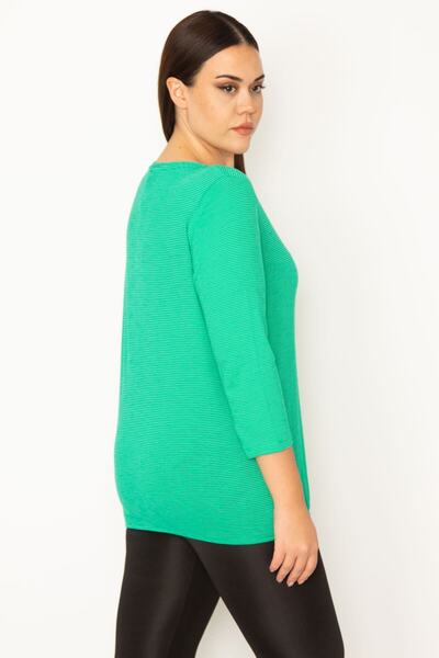 Şans Γυναικεία πράσινη λεπτή ριγέ μπλούζα μεγάλου μεγέθους με ελαστικό στρίφωμα 65n30693