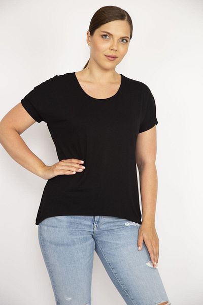 Şans Women's Black Plus Size Bike Collar Short Sleeve Long Back Blouse 65n36549
