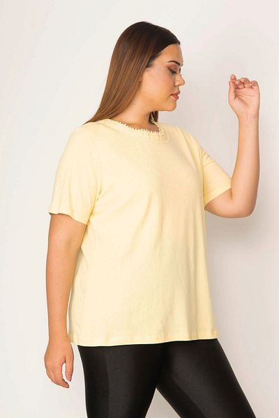 Şans Women's Large Size Yellow Cotton Fabric Collar Lace Blouse 65n28616
